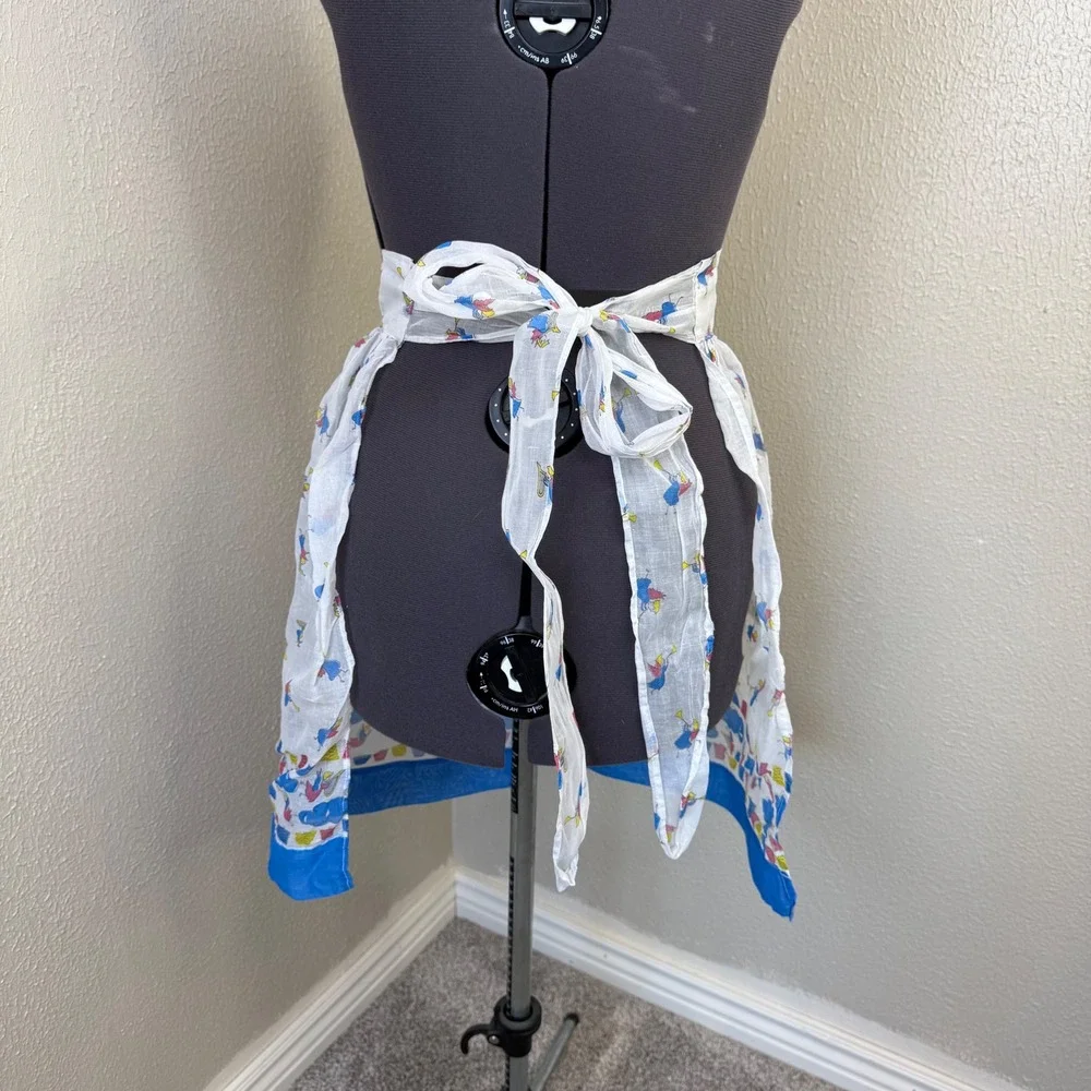 Vintage Angel Novelty Print Half Apron White Blue Sheer Retro Kitchen Pocket